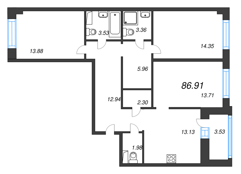 3-комнатная квартира, 86.91 м² в ЖК "Уютный" - планировка, фото №1