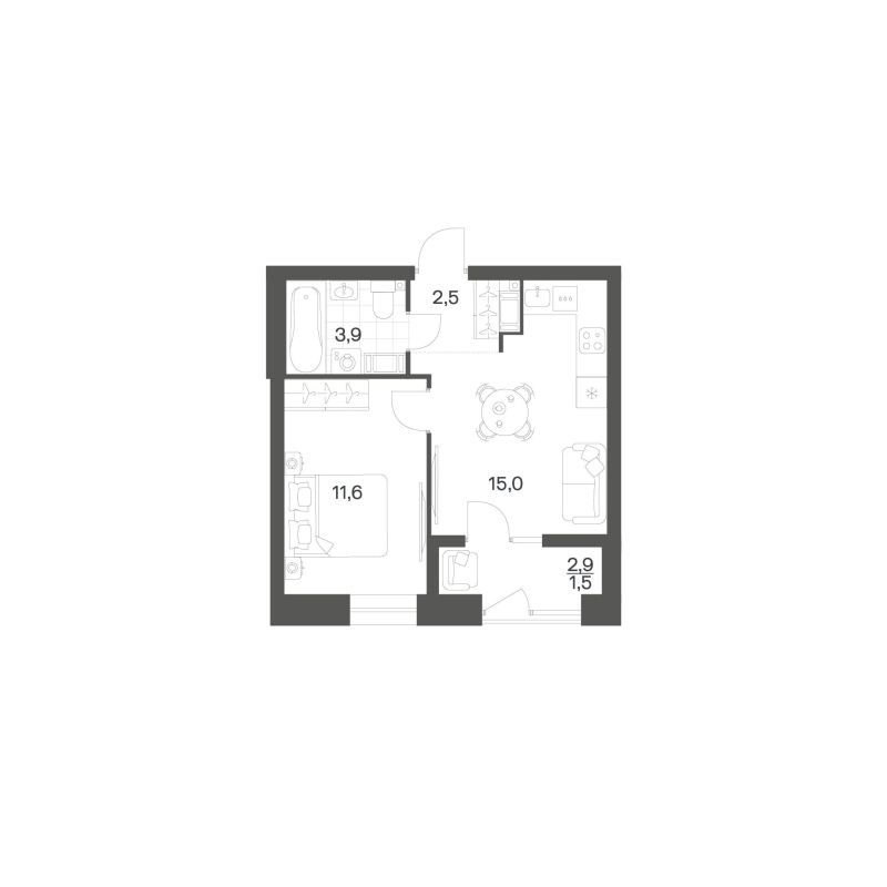 2-комнатная (Евро) квартира, 34.52 м² в ЖК "Новый Питер" - планировка, фото №1