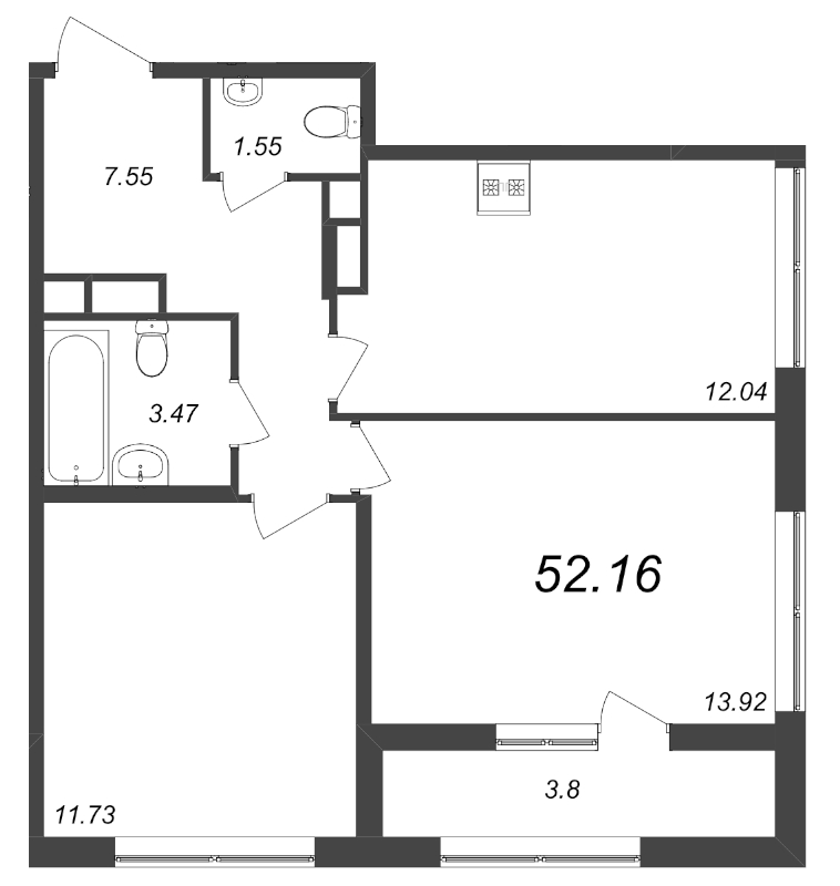 2-комнатная квартира, 52.16 м² - планировка, фото №1