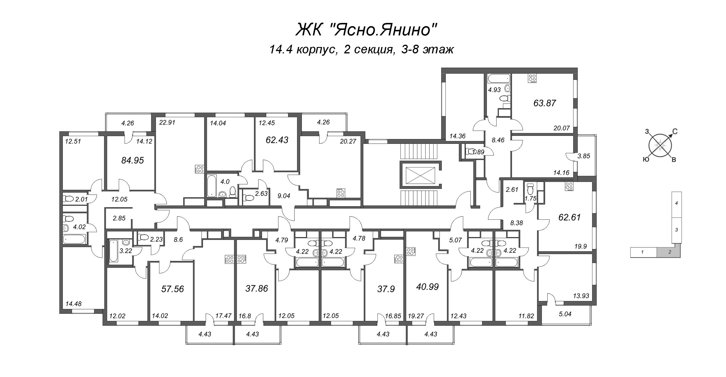 2-комнатная (Евро) квартира, 37.86 м² в ЖК "Ясно.Янино" - планировка этажа