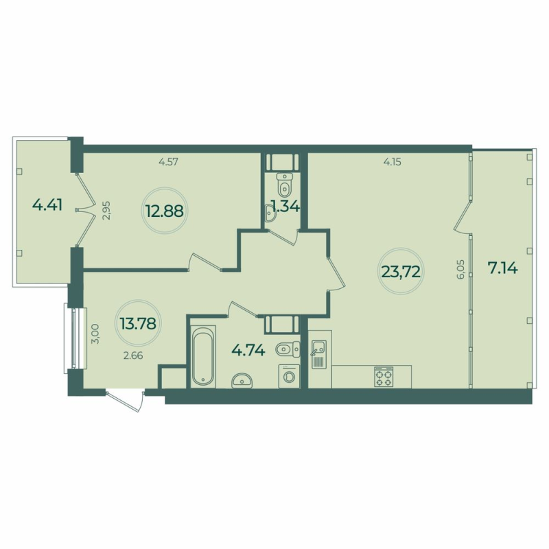 2-комнатная (Евро) квартира, 59.92 м² в ЖК "Дуалист" - планировка, фото №1