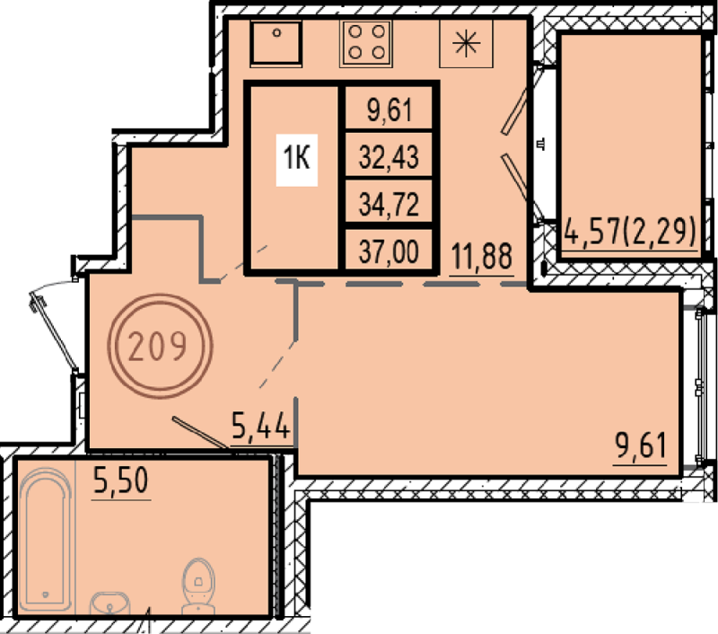 1-комнатная квартира, 32.43 м² в ЖК "Образцовый квартал 9.1" - планировка, фото №1
