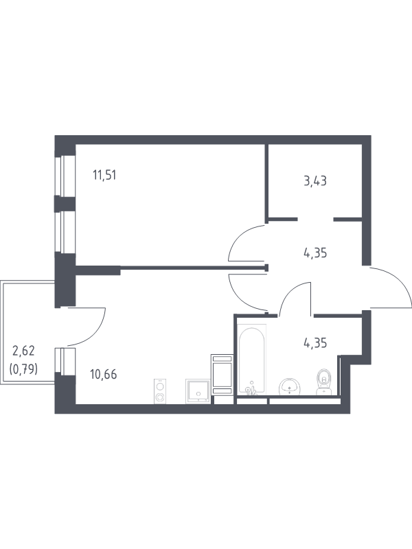 1-комнатная квартира, 35.09 м² в ЖК "Новое Колпино" - планировка, фото №1