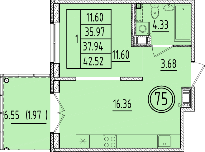 2-комнатная (Евро) квартира, 35.97 м² в ЖК "Образцовый квартал 6.4" - планировка, фото №1
