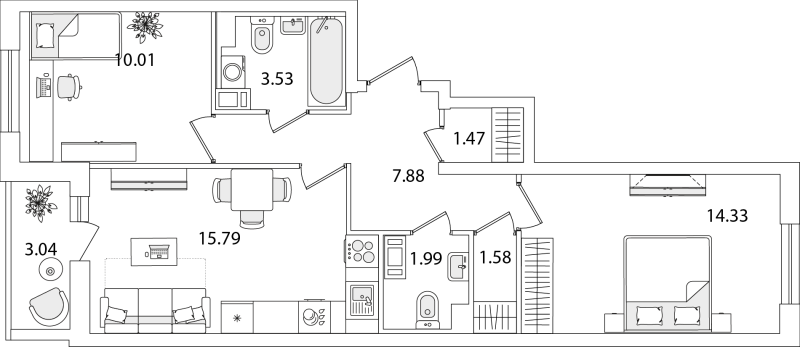 2-комнатная квартира, 58.1 м² в ЖК "Кинопарк" - планировка, фото №1