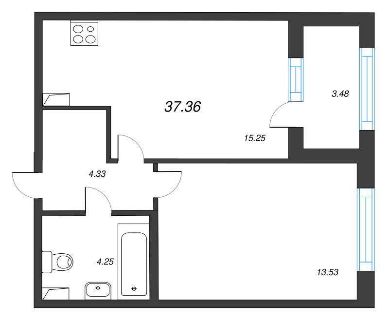 2-комнатная (Евро) квартира, 37.36 м² в ЖК "Дубровский" - планировка, фото №1