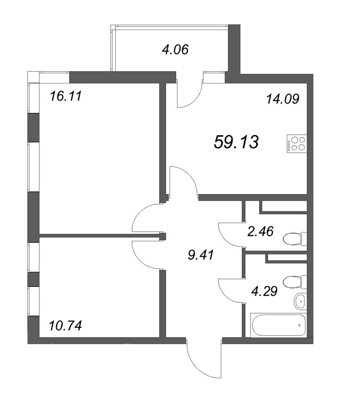 2-комнатная квартира, 59.13 м² в ЖК "Новая история" - планировка, фото №1