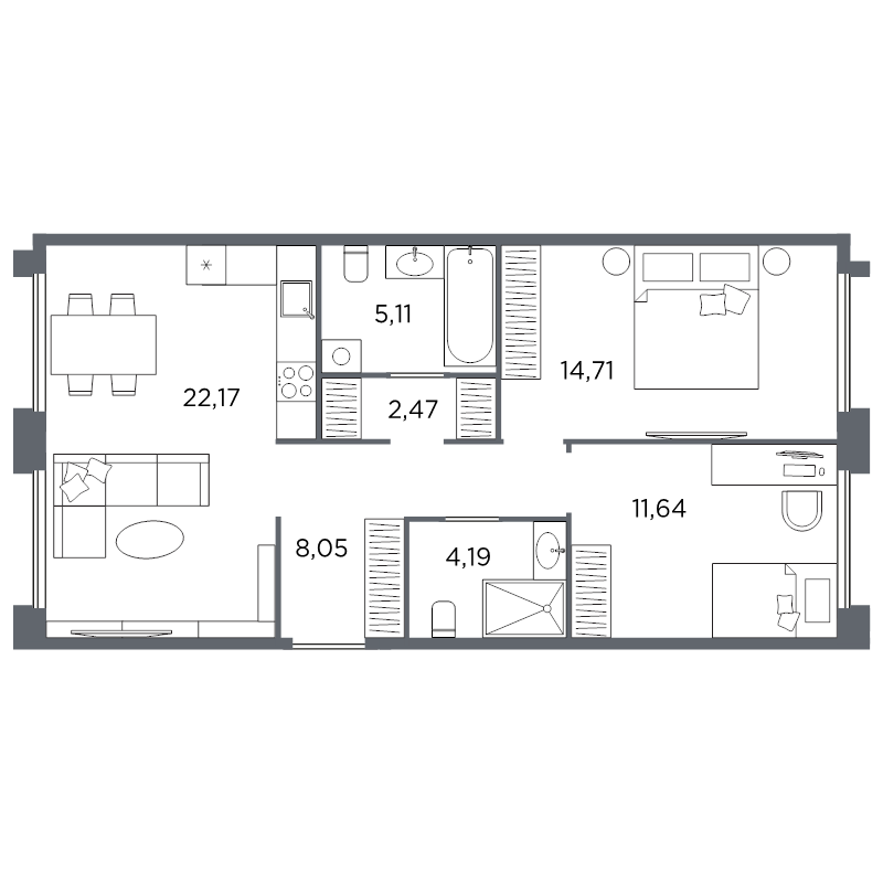 3-комнатная (Евро) квартира, 68.34 м² в ЖК "Акватория" - планировка, фото №1