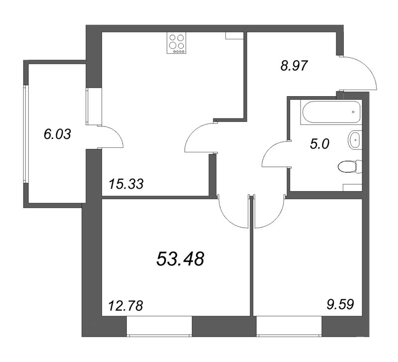 3-комнатная (Евро) квартира, 53.48 м² в ЖК "Аквилон RekaPark" - планировка, фото №1