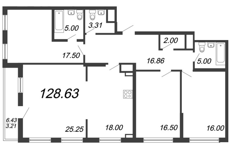 4-комнатная квартира, 128.4 м² - планировка, фото №1