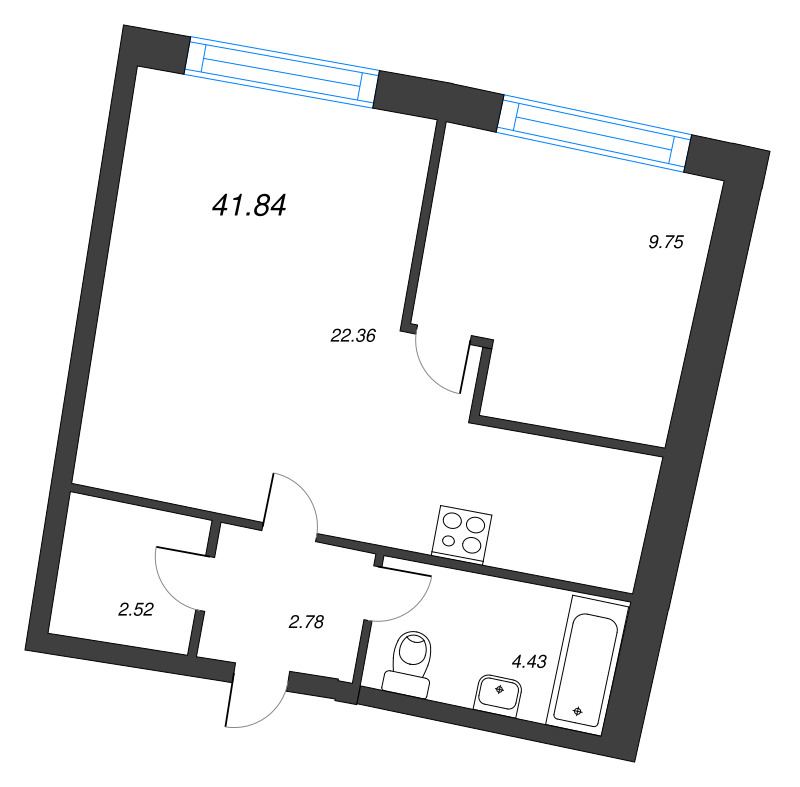 2-комнатная (Евро) квартира, 41.84 м² в ЖК "Аквилон Riva" - планировка, фото №1