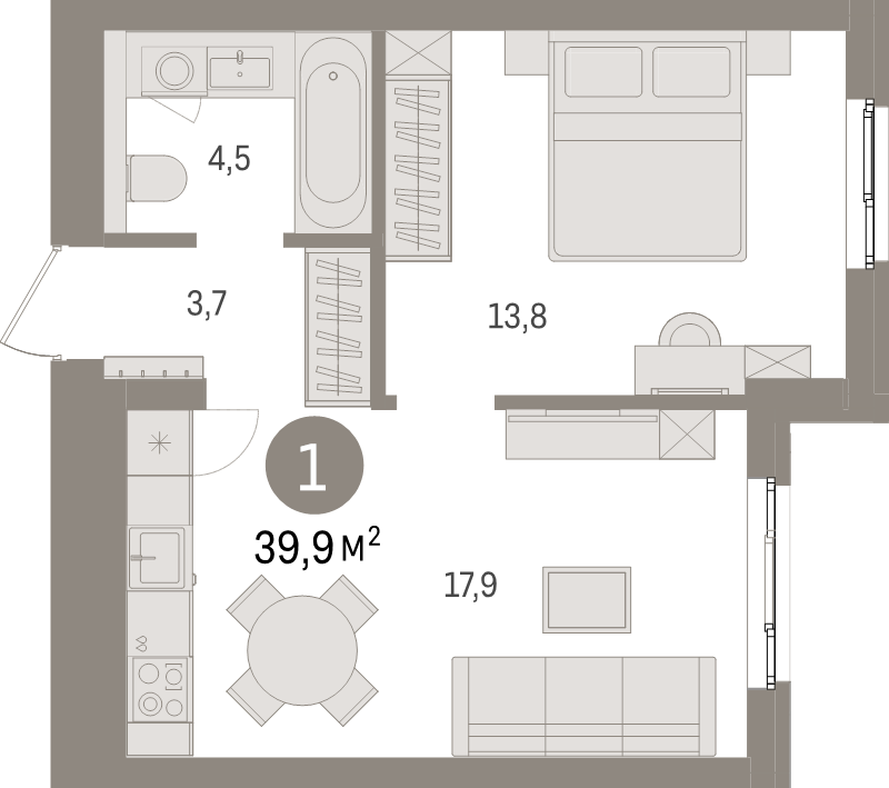 2-комнатная (Евро) квартира, 39.9 м² в ЖК "Брусника в Новоселье" - планировка, фото №1