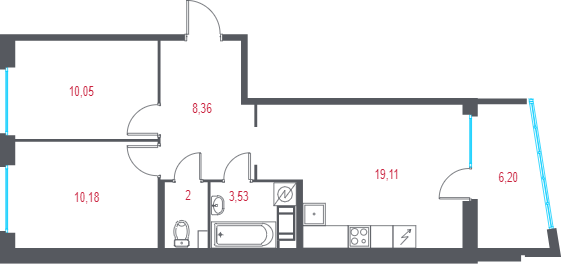 3-комнатная (Евро) квартира, 55.09 м² в ЖК "Город-спутник Южный" - планировка, фото №1