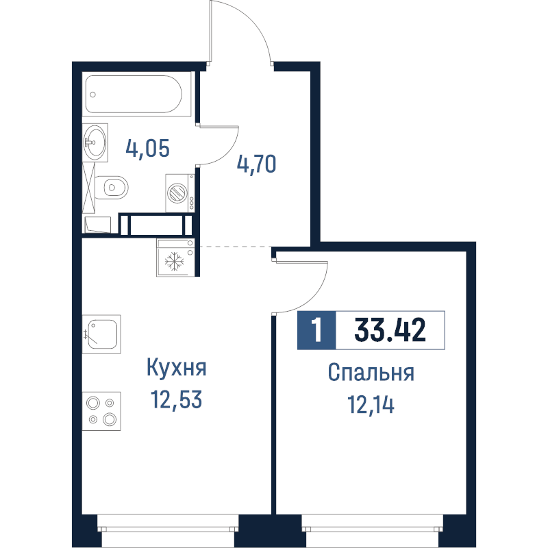 1-комнатная квартира, 33.42 м² в ЖК "Максималист" - планировка, фото №1