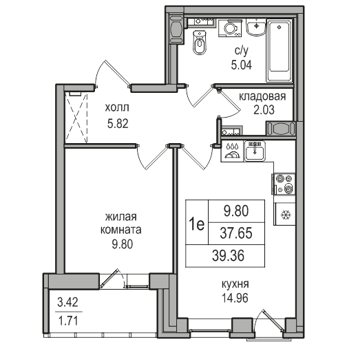 2-комнатная (Евро) квартира, 39 м² в ЖК "Северная Долина" - планировка, фото №1