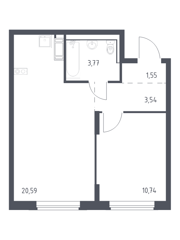 2-комнатная (Евро) квартира, 40.19 м² - планировка, фото №1