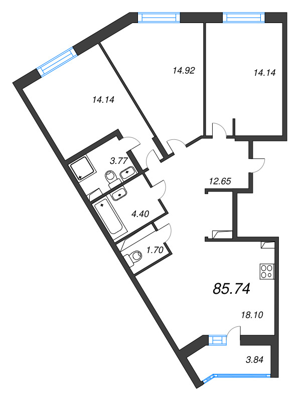 4-комнатная (Евро) квартира, 85.74 м² в ЖК "Энфилд" - планировка, фото №1
