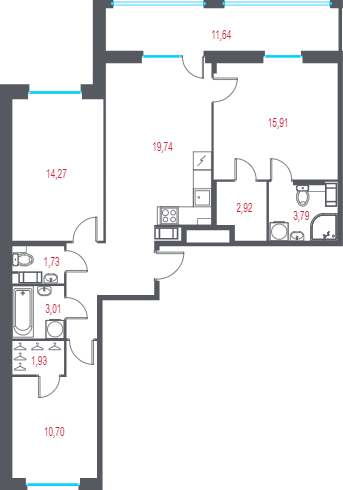 4-комнатная (Евро) квартира, 83.99 м² в ЖК "Город-спутник Южный" - планировка, фото №1