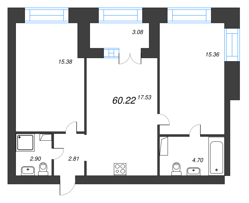 3-комнатная (Евро) квартира, 64.4 м² - планировка, фото №1