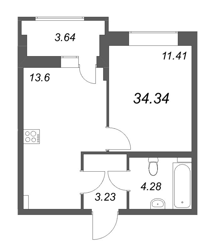 1-комнатная квартира, 34.34 м² в ЖК "Аквилон RekaPark" - планировка, фото №1