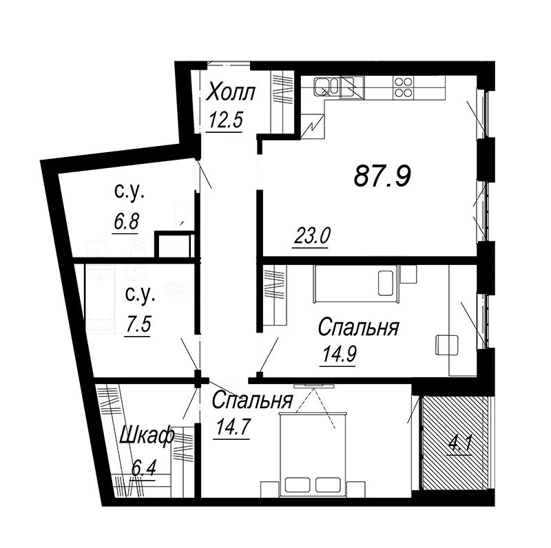 2-комнатная квартира, 88.7 м² - планировка, фото №1