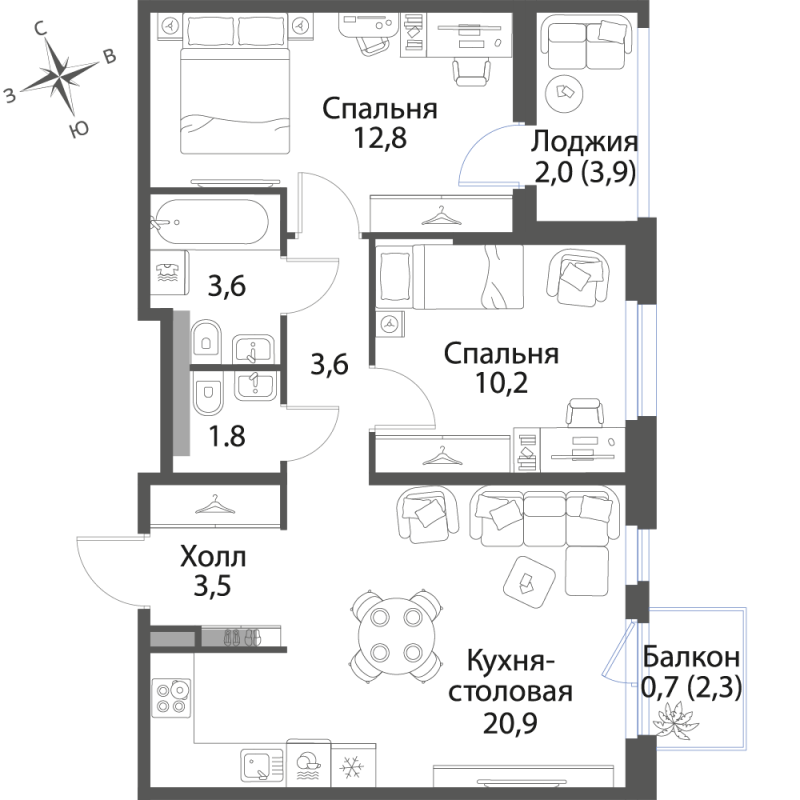3-комнатная (Евро) квартира, 59.1 м² в ЖК "Экография" - планировка, фото №1