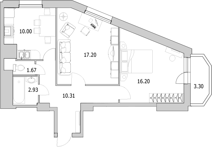 2-комнатная квартира, 62.5 м² - планировка, фото №1