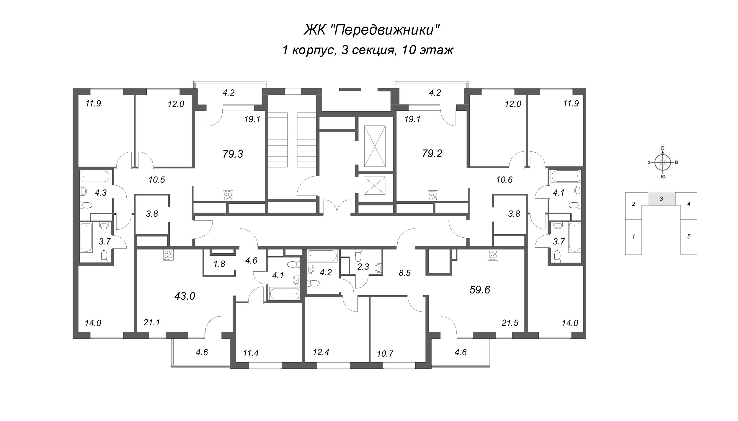 2-комнатная (Евро) квартира, 43 м² в ЖК "Передвижники" - планировка этажа