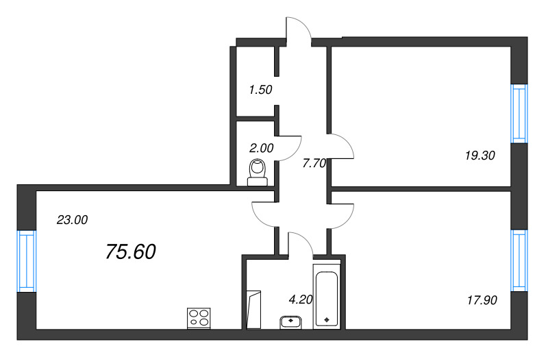 3-комнатная (Евро) квартира, 75.5 м² в ЖК "Neva Haus" - планировка, фото №1