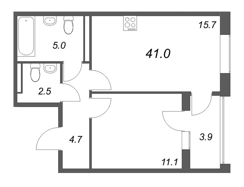 2-комнатная (Евро) квартира, 41 м² в ЖК "Экография" - планировка, фото №1