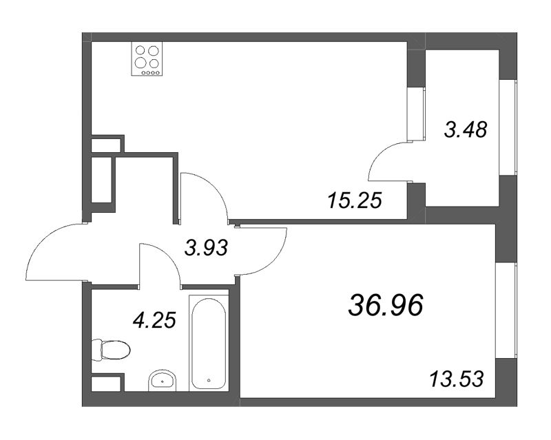 2-комнатная (Евро) квартира, 36.96 м² в ЖК "Дубровский" - планировка, фото №1