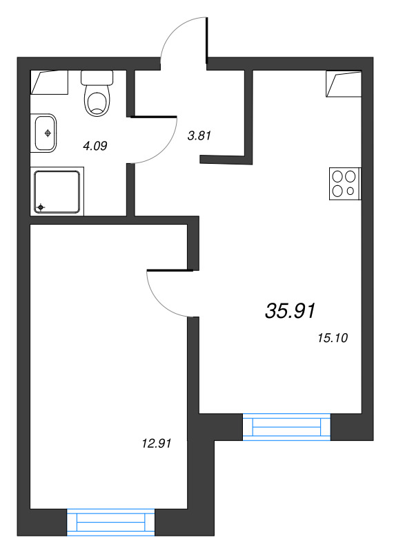 2-комнатная (Евро) квартира, 35.91 м² в ЖК "Тишин" - планировка, фото №1