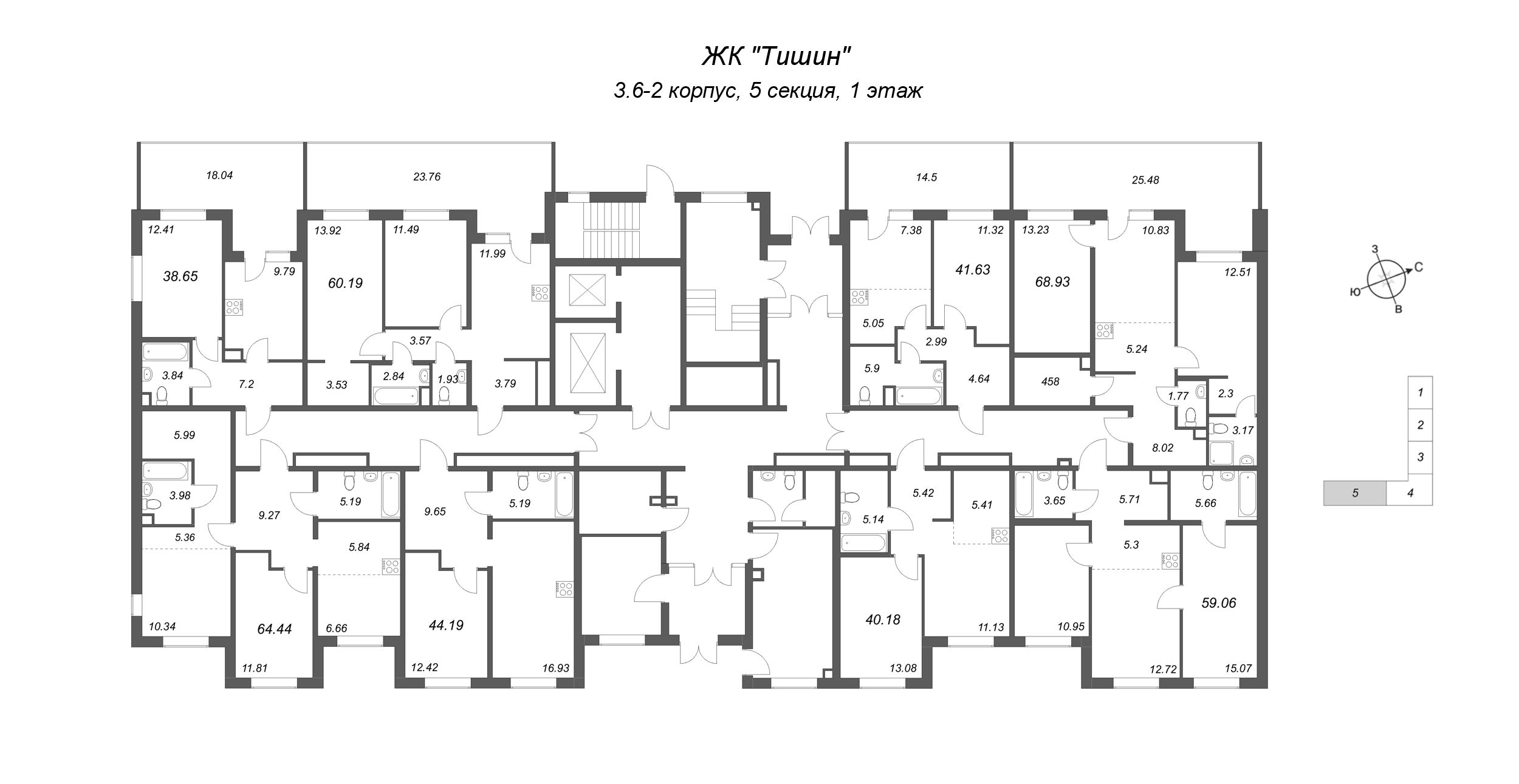 2-комнатная (Евро) квартира, 40.18 м² в ЖК "Тишин" - планировка этажа