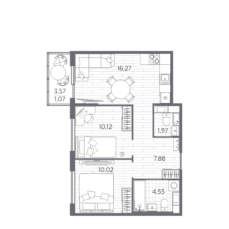 3-комнатная (Евро) квартира, 51.88 м² - планировка, фото №1