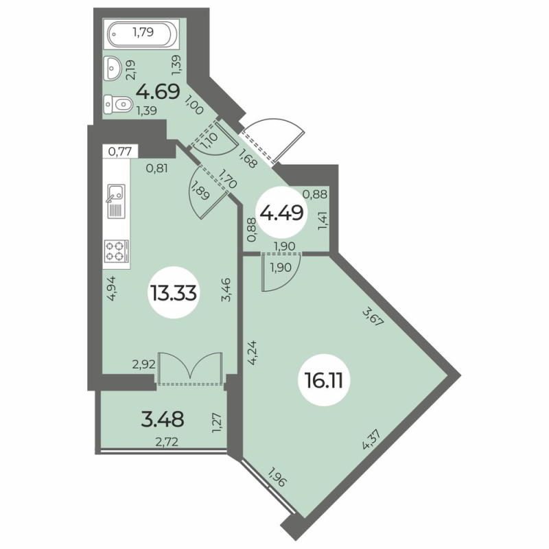 1-комнатная квартира, 40.36 м² в ЖК "Огни Залива" - планировка, фото №1