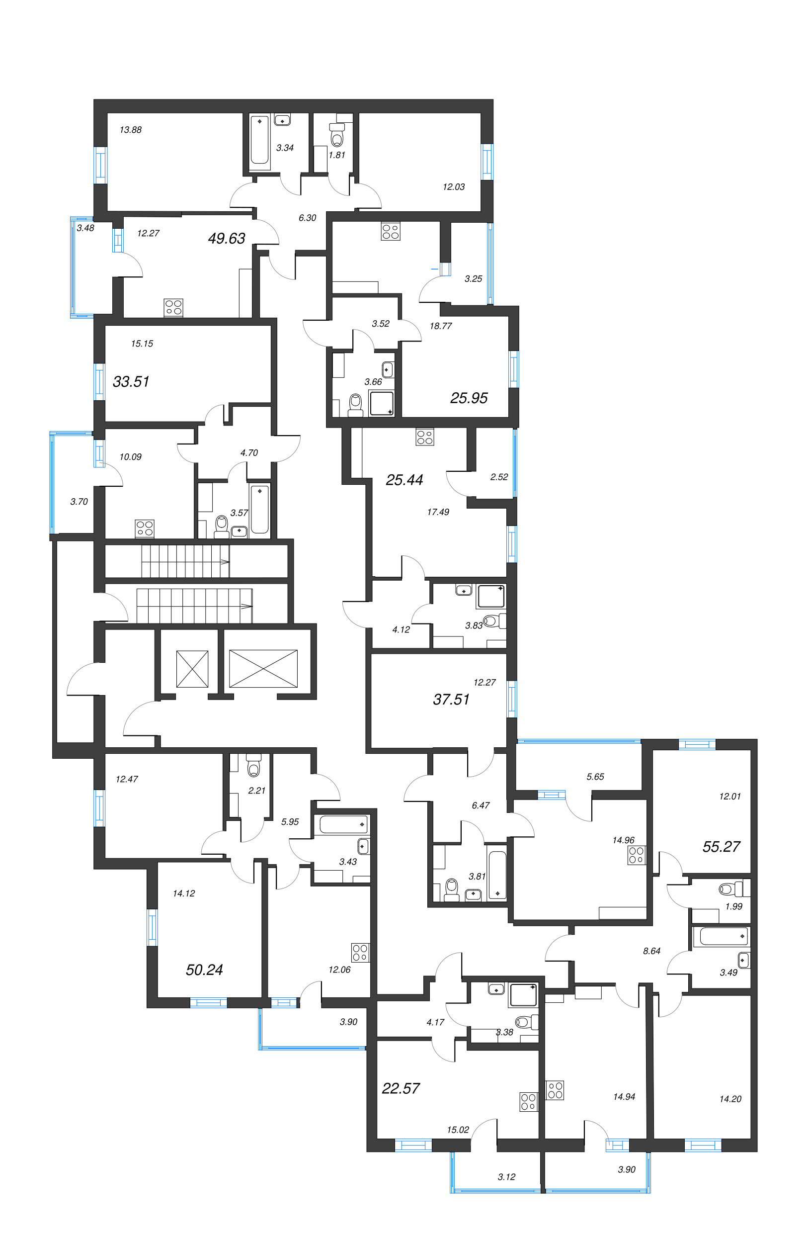 3-комнатная (Евро) квартира, 55.27 м² - планировка этажа