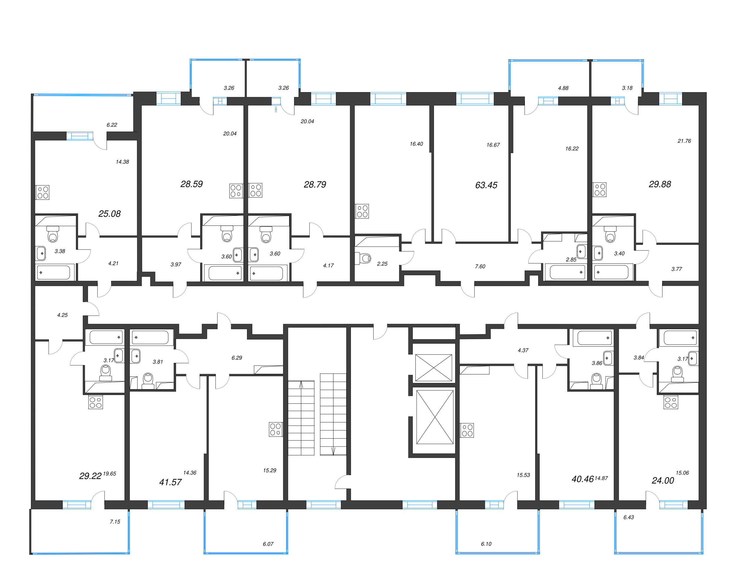 3-комнатная (Евро) квартира, 63.45 м² - планировка этажа