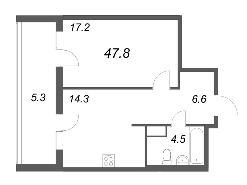 1-комнатная квартира, 47.8 м² - планировка, фото №1