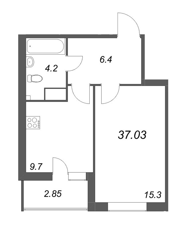 1-комнатная квартира, 37.03 м² - планировка, фото №1