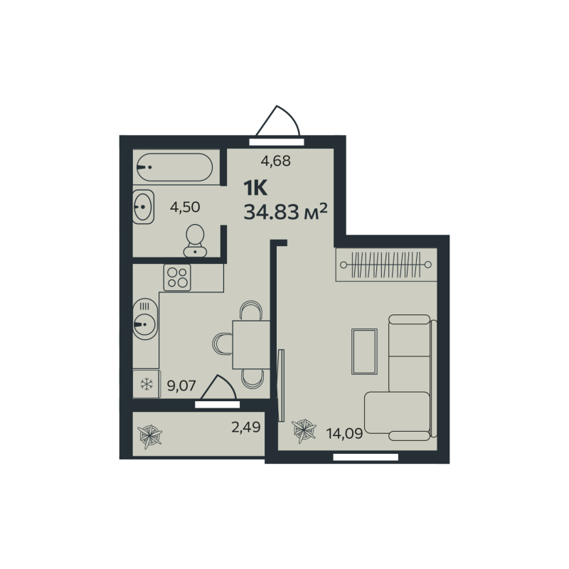 1-комнатная квартира, 34.83 м² в ЖК "Эдельвейс.Янино" - планировка, фото №1