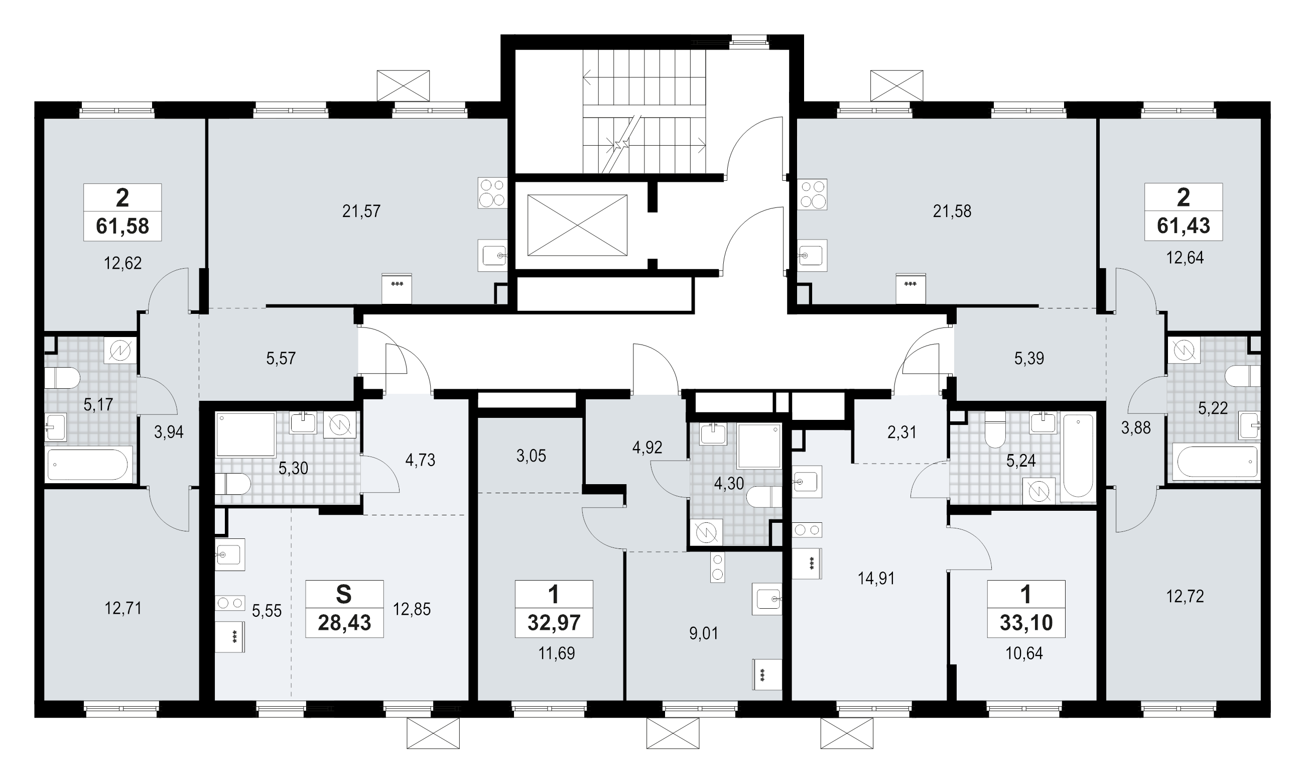 3-комнатная (Евро) квартира, 61.58 м² в ЖК "А101 Лаголово" - планировка этажа