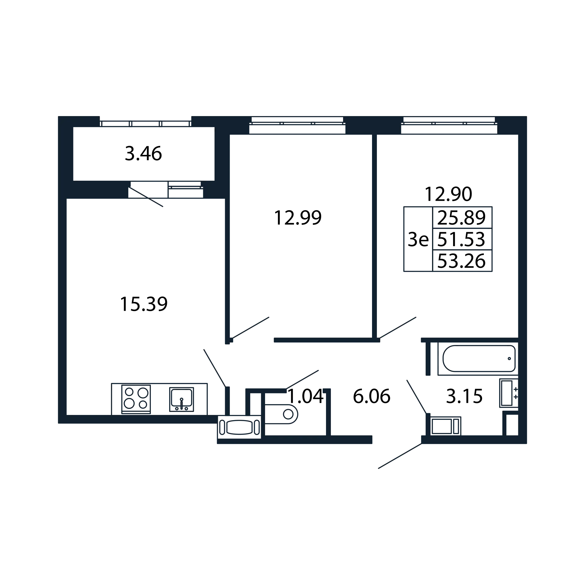3-комнатная (Евро) квартира, 51.53 м² - планировка, фото №1