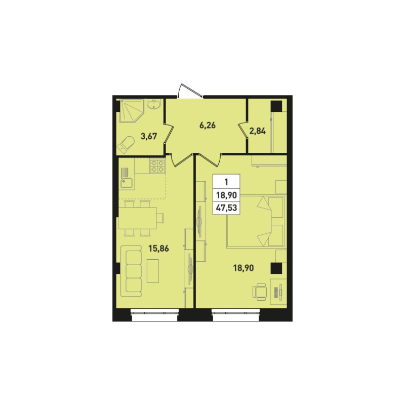 1-комнатная квартира, 47.2 м² - планировка, фото №1