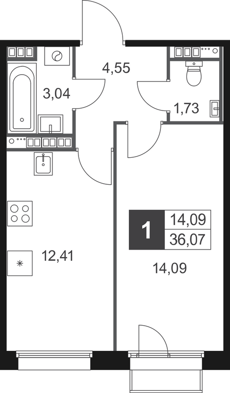 1-комнатная квартира, 36.07 м² в ЖК "Слобода" - планировка, фото №1