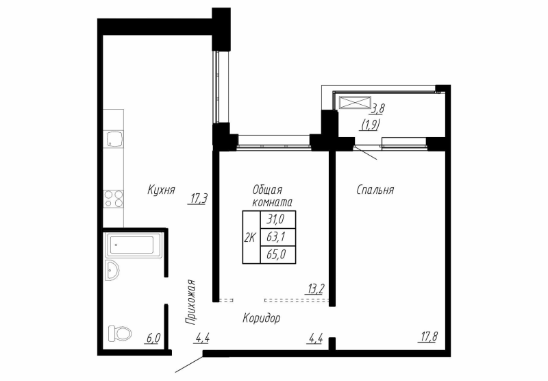 3-комнатная (Евро) квартира, 65 м² - планировка, фото №1