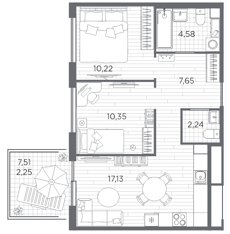 3-комнатная (Евро) квартира, 54.42 м² в ЖК "PLUS Пулковский" - планировка, фото №1