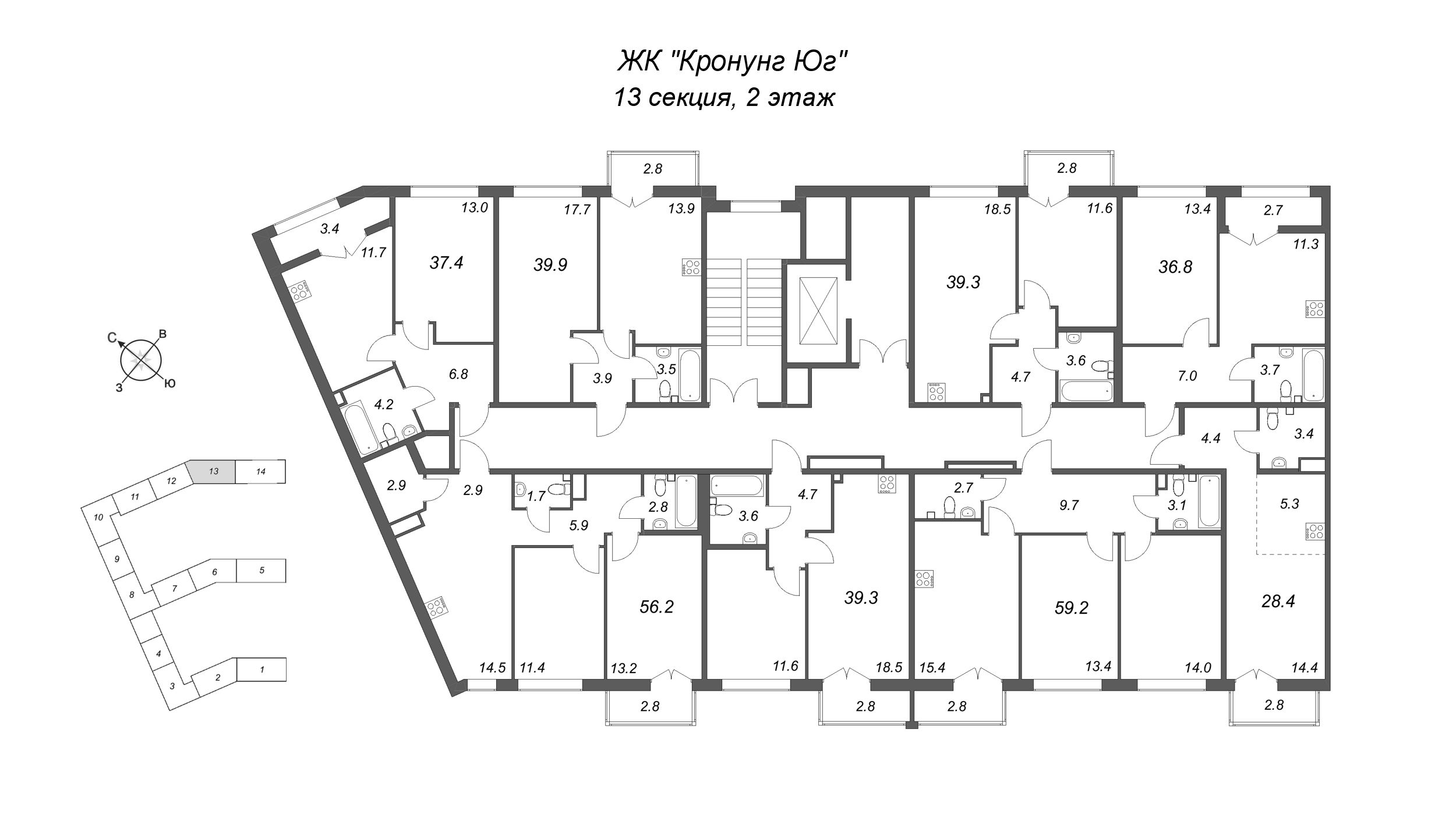 1-комнатная квартира, 37.4 м² в ЖК "Кронунг ЮГ" - планировка этажа