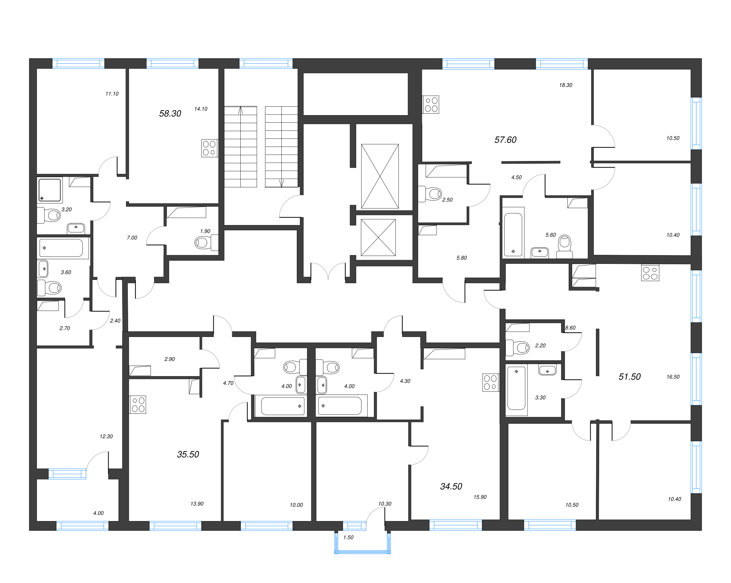 2-комнатная квартира, 58.3 м² в ЖК "Струны" - планировка этажа