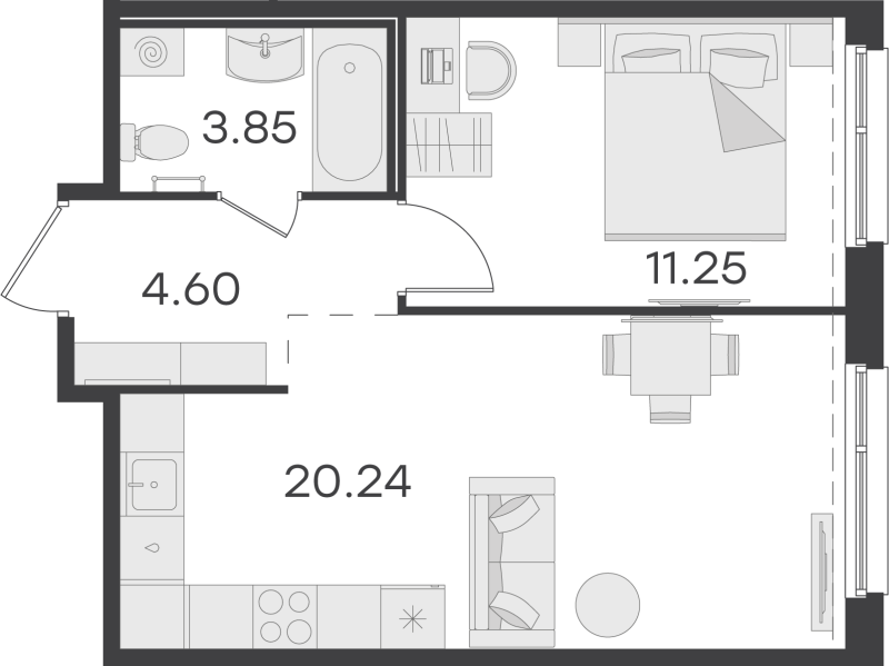 2-комнатная (Евро) квартира, 39.94 м² в ЖК "GloraX Парголово" - планировка, фото №1