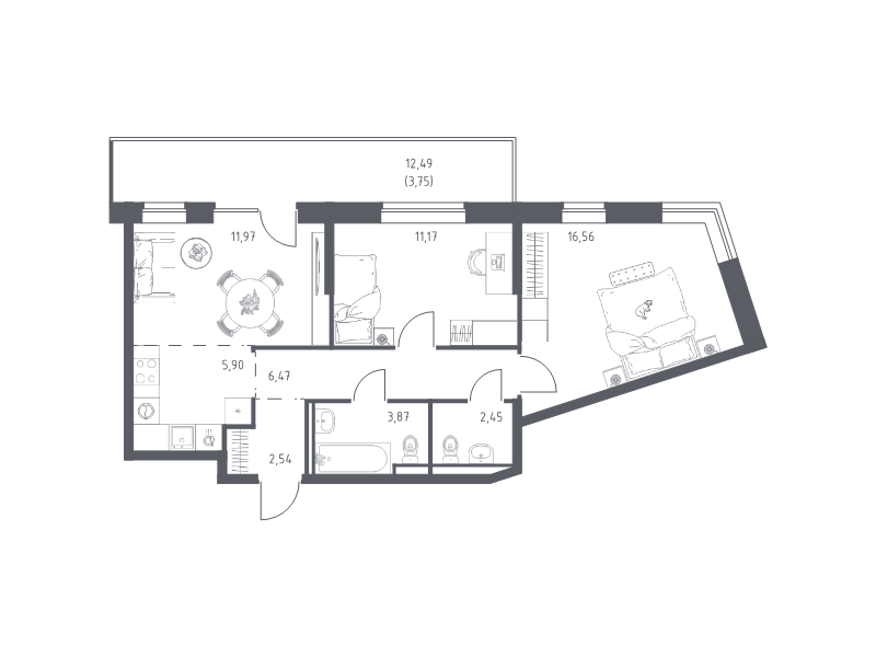 3-комнатная (Евро) квартира, 64.68 м² в ЖК "Живи! В Рыбацком" - планировка, фото №1